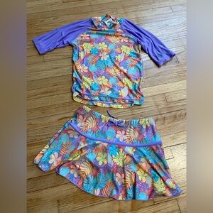 UV Skinz Girl 7 SPF 50 Modest Purple Colorful Floral Rash Guard Skirt Set Summer